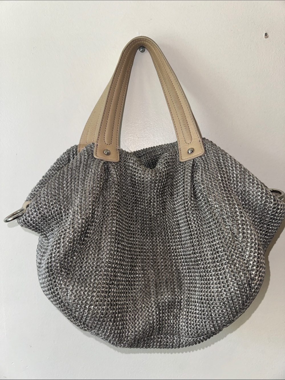 Talbots Neutral Gray Woven Tote with Tan Handles